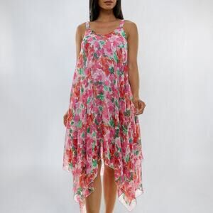 Nina Leonard Floral Chiffon Asymmetrical Hem Dress Midi Maxi Pink Green Size M